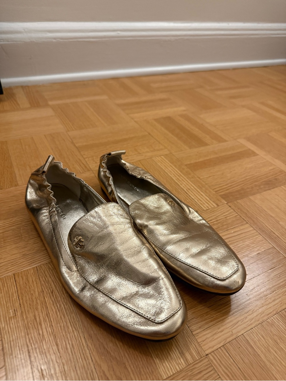 Tory Burch Metallic Gold Leather Slip-On Ballet Loafers